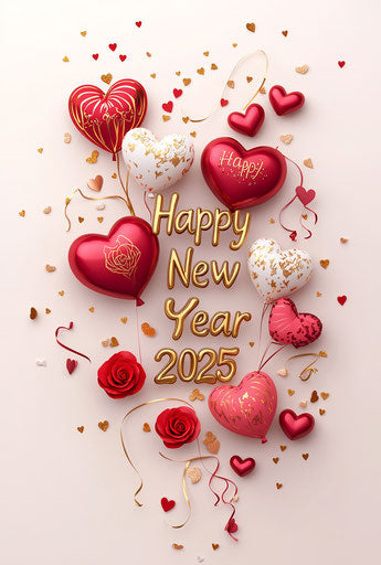 Golden and red heart balloons in paper-cut style