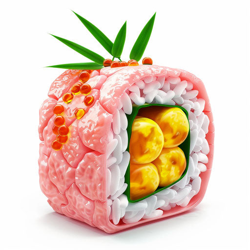 Pink sushi roll with yellow fish eggs and green bamboo leaves