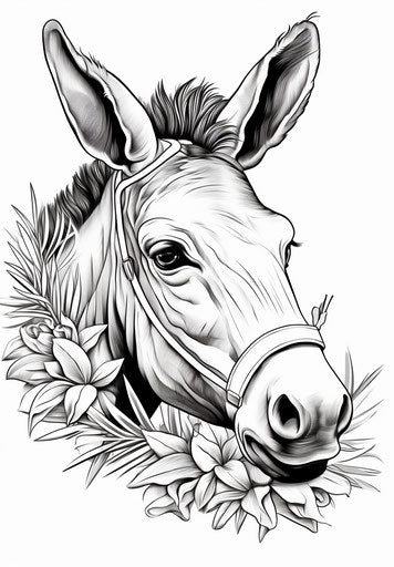 Donkey coloring pages, rounded style