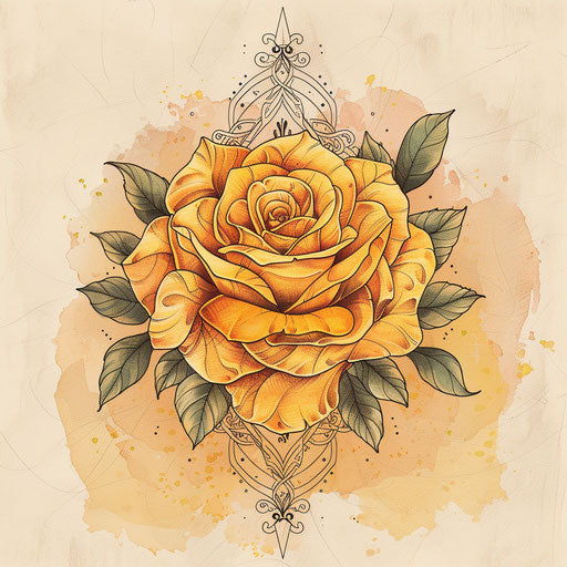 Exotic flat tattoo sketch of a yellow rose with oriental motifs and rich textures