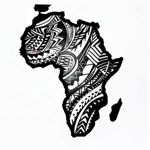 Bold and graphic tattoo design with African continent map and traditional patterns on white.