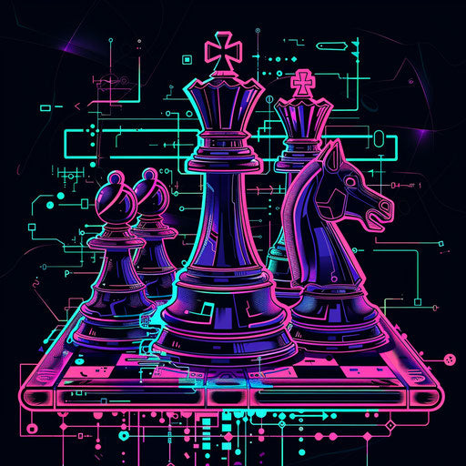 Futuristic flat tattoo sketch of a digital chess game, neon colors