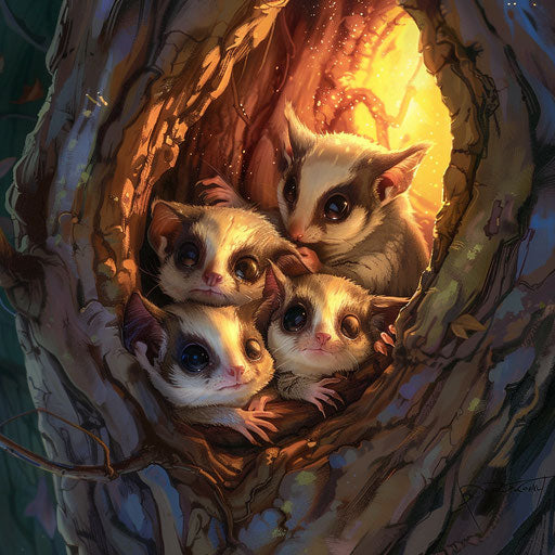 A family of sugar gliders in a cozy tree hollow