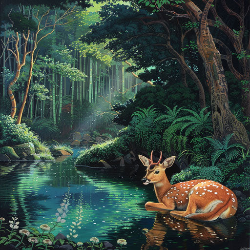 Yezo sika deer resting by tranquil forest pond
