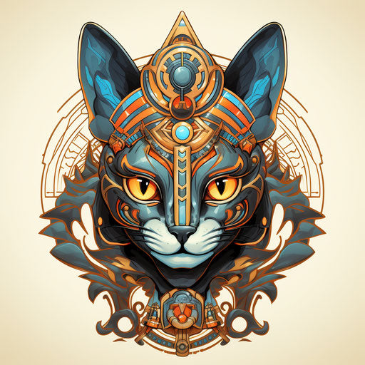 Egyptian cat in royal attire and crown, classic tattoo style