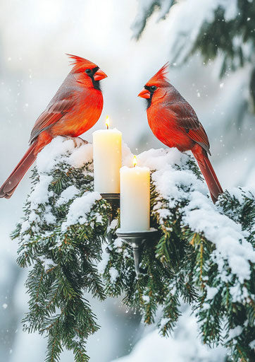 Two red male and female cardinals perched on an evergreen swag with white candles in the window of a cottage, snow covered branches, detailed background