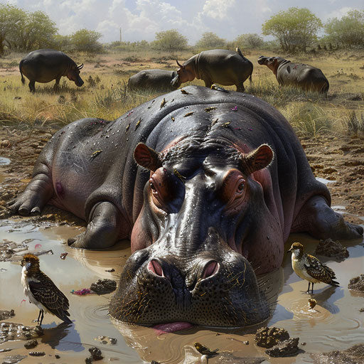 Group of hippos in mud with birds cleaning their skin