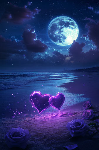 Glowing purple hearts on empty beach under moon
