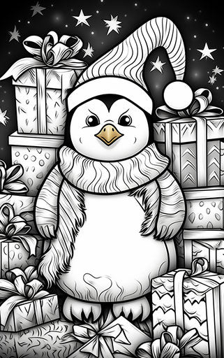 Penguin coloring page on black background with presents, spiky mounds style