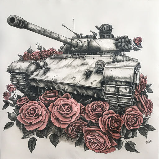 Detailed sketch of a military tank surrounded by roses on canvas