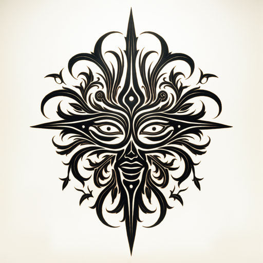 Tribal star with tree, Maori style masks, serene faces