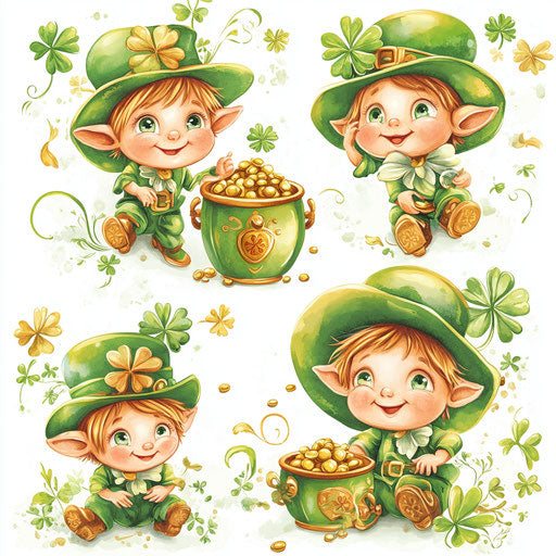Saint Patrick's Day, cute Irish baby leprechauns with green hats, pots of gold, shamrocks, airbrush art style clipart