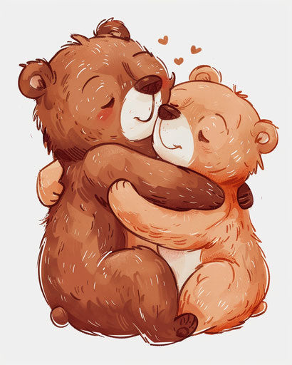 Cartoon bears hugging transparent background, soft dreamy style