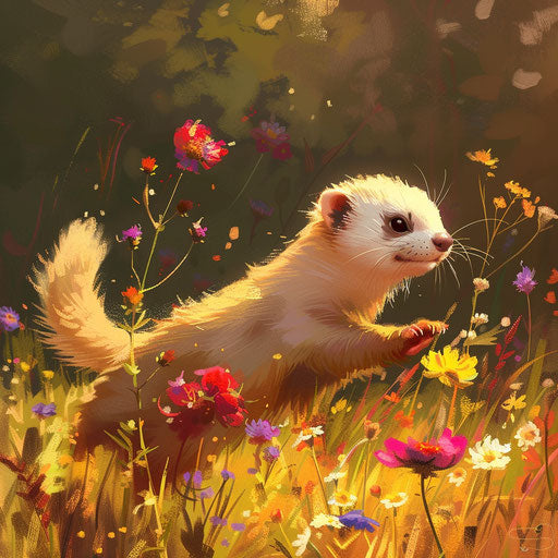 Ferret playing in a field of wildflowers