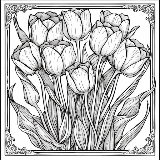 Intricate bouquet of tulips with detailed stems and leaves