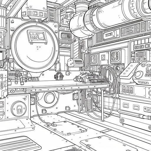 Sci-fi laboratory with alien technology, coloring book page
