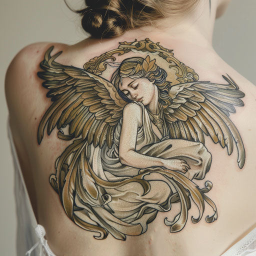 Captivating neo-traditional tattoo of an angel with white and gold wings on white canvas