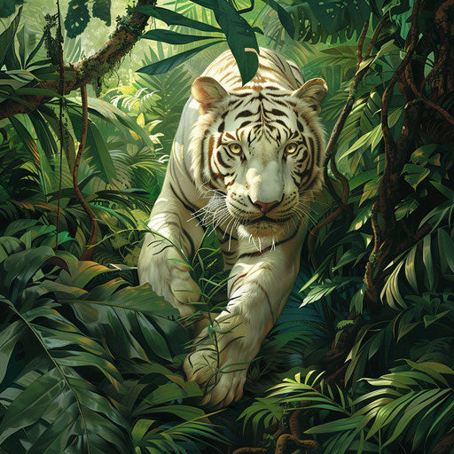 White tiger stealthily navigating in lush rainforest