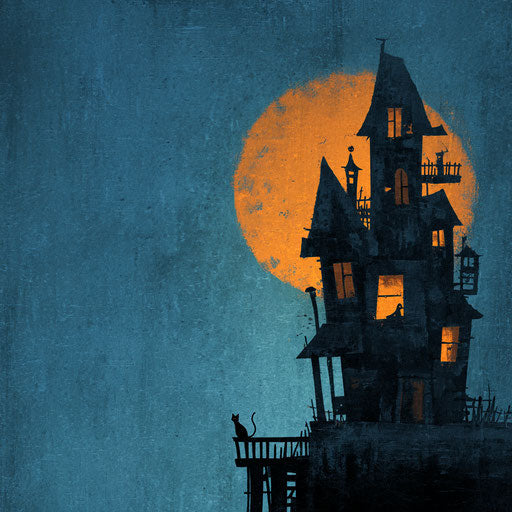 Haunted house with a black cat under the moon
