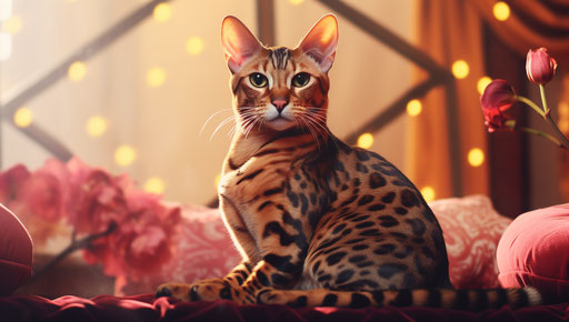 Bengal cat sitting on a bed, in the style of light maroon and light gold, Firmin Baes, texture-rich surfaces, dotted, soft-edged, warmcore