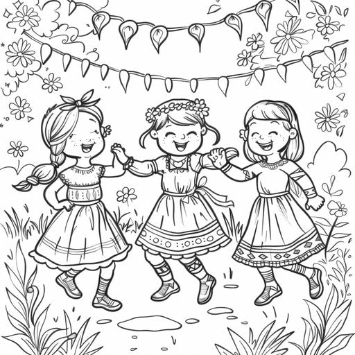 Children dancing in traditional costumes. Coloring book