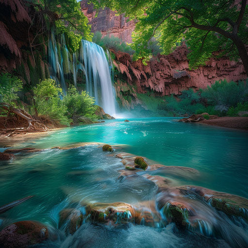 Havasu Falls surrounded by lush greenery and vibrant colors