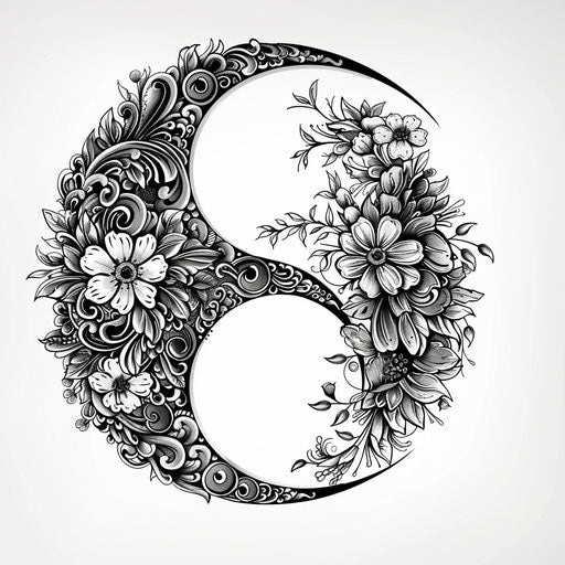 Intricate yin and yang tattoo with floral patterns on white