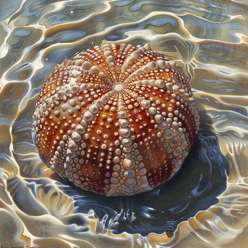 Sea urchin in shallow waters with intricate patterns on shell