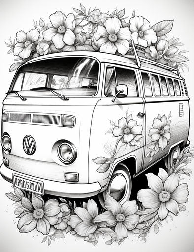 Floral print of a vw bus, clean and sharp inking style