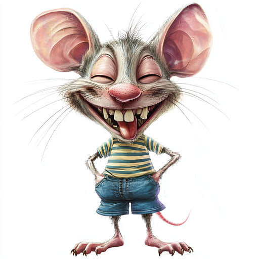 Humorous caricature of a mouse caricature clipart with human characteristics, exaggerated toothy teeth, short legs, striped, vibrant colors, cartoon style, smiling, high-resolution, no background, isolated