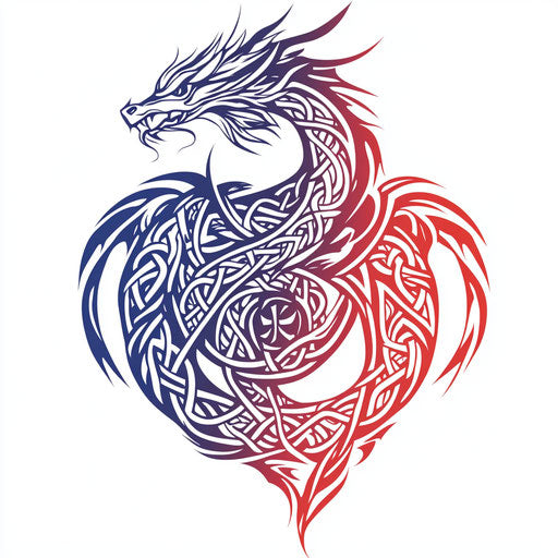 Tribal dragon tattoo with Celtic symbols on white background