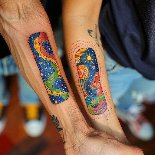 Friendship tattoos in the style of Guy Aitchison with cosmic, colorful patterns representing unity