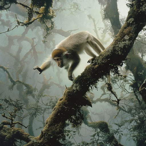 Yunnan snub-nosed monkey leaping gracefully between ancient, moss-covered trees in a dense foggy forest