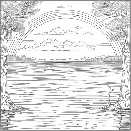 Rainbow over serene lake with reflections