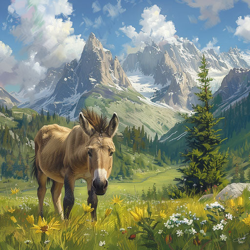 Donkey in a serene meadow with snow-capped mountains