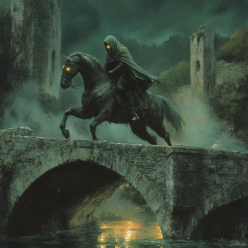 Headless horseman galloping on ancient stone bridge