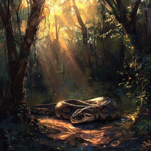 Python snake resting in a sun-dappled forest