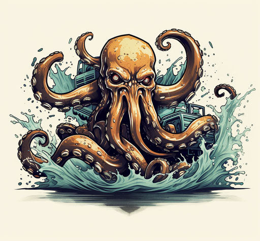 Octopus and anchor in heavy inking, gritty realism, streamlined design