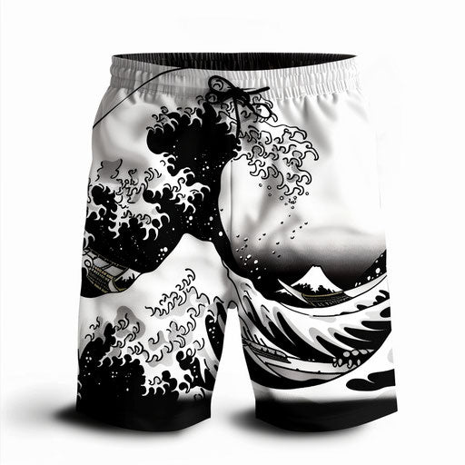 Wave design swim shorts in Japanese ink brush style