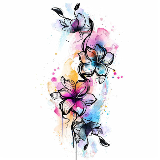 Elegant flat tattoo sketch for 13 tattoo with watercolor splashes in pastel tones