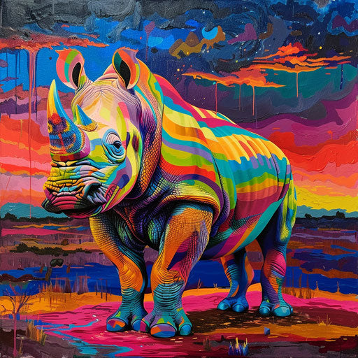 Colorful rhino in surreal landscape