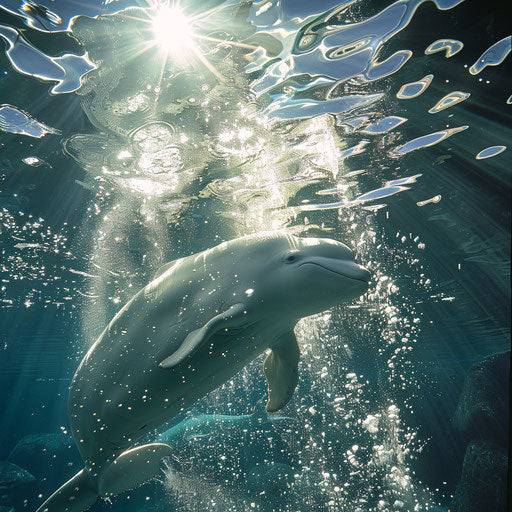 Beluga playing in a stream of bubbles with sunlight filtering
