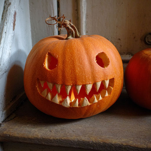 Round pumpkin with a wide grin and jagged teeth