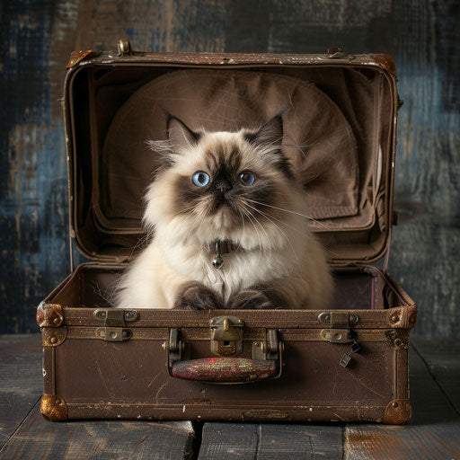 Himalayan cat in a vintage suitcase, ready for travel