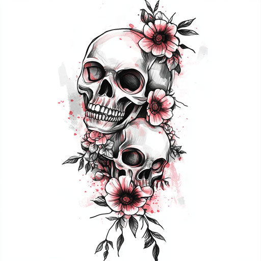 Stylized skull tattoo sketch with floral accents