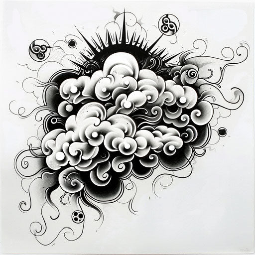 Mystical cloud with mystical symbols on white background