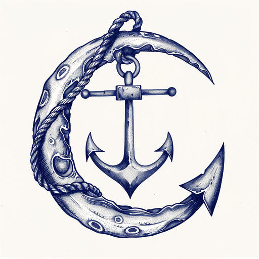 Half moon tattoo sketch with classic sailor motifs, clipart style