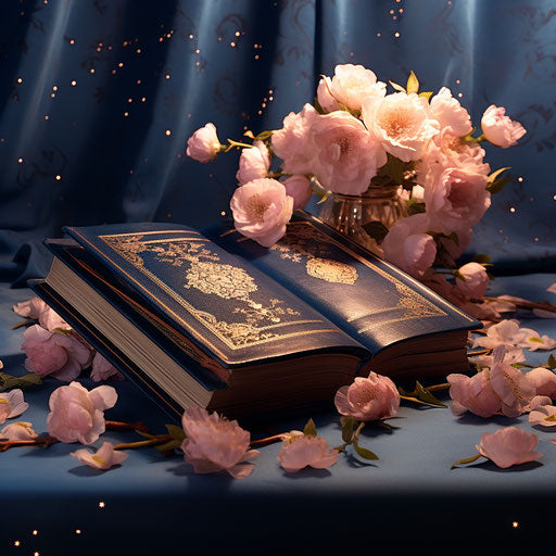 Beautiful Islamic book on blue background with floral patterns, y2k art style, stars art group, light amber, glistening, religious building