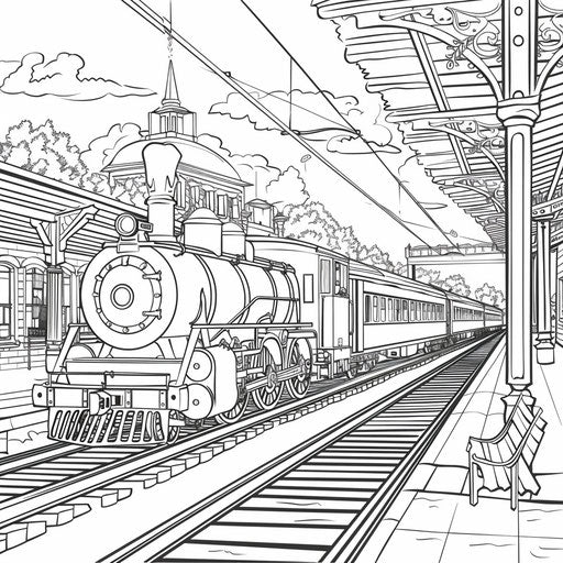 Vintage train station with old-fashioned train waiting