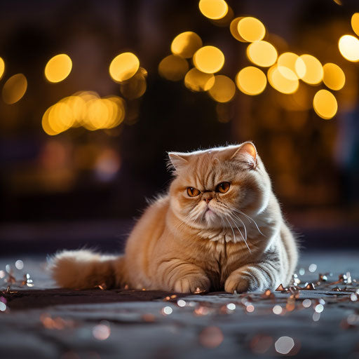 Exotic shorthair cat lying outside at night